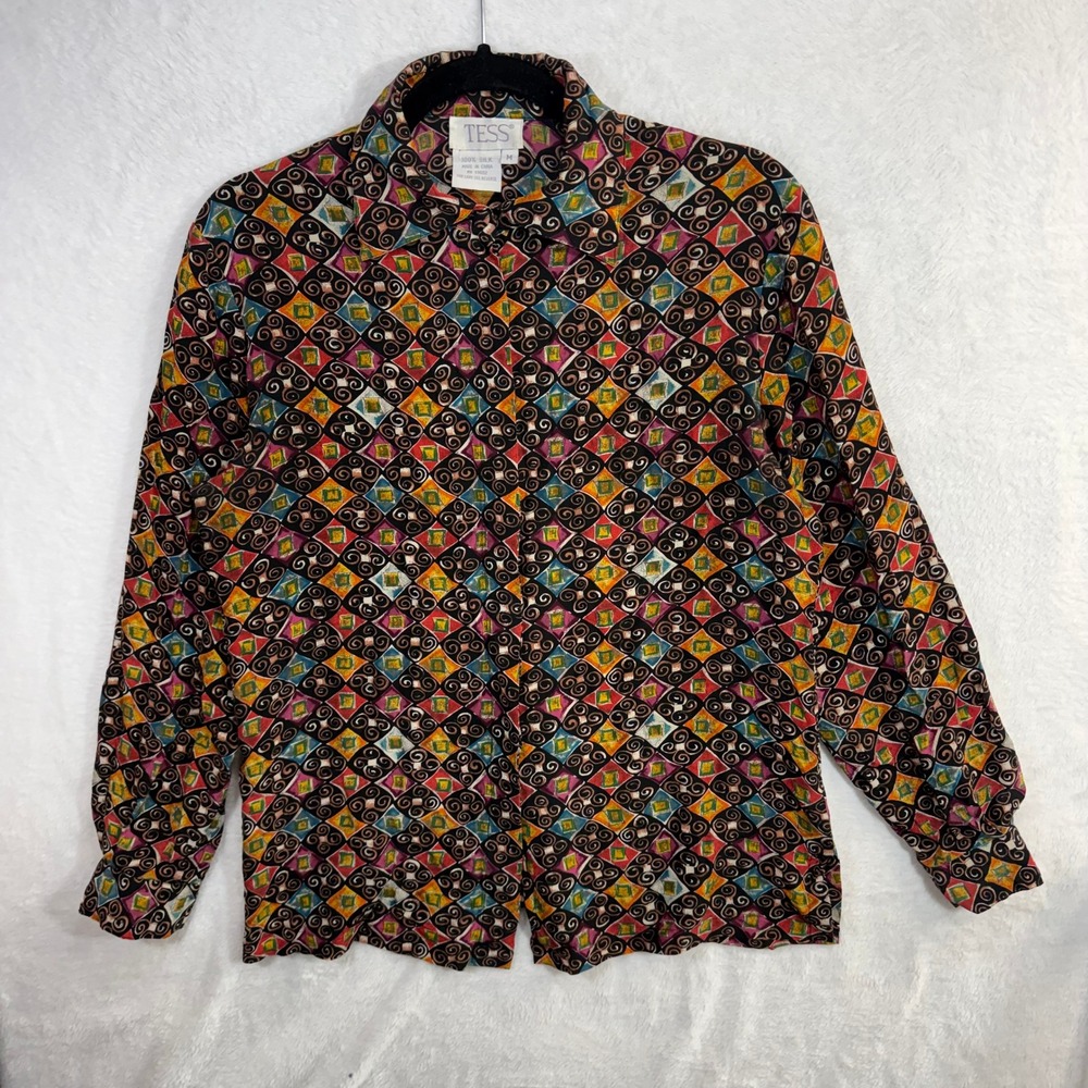 Vintage Tess M Button Up Top 100% Silk Maximalist Artsy Geometric Abstract 90s
